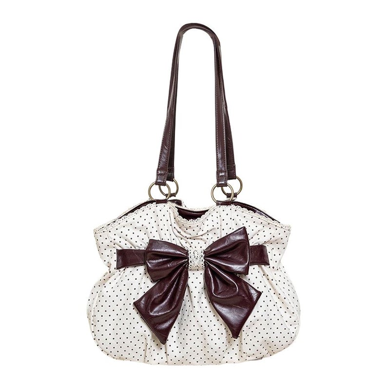 Vintage polka dot shoulder bag, large capacity, bow and lace, versatile for commuting and underarm use.